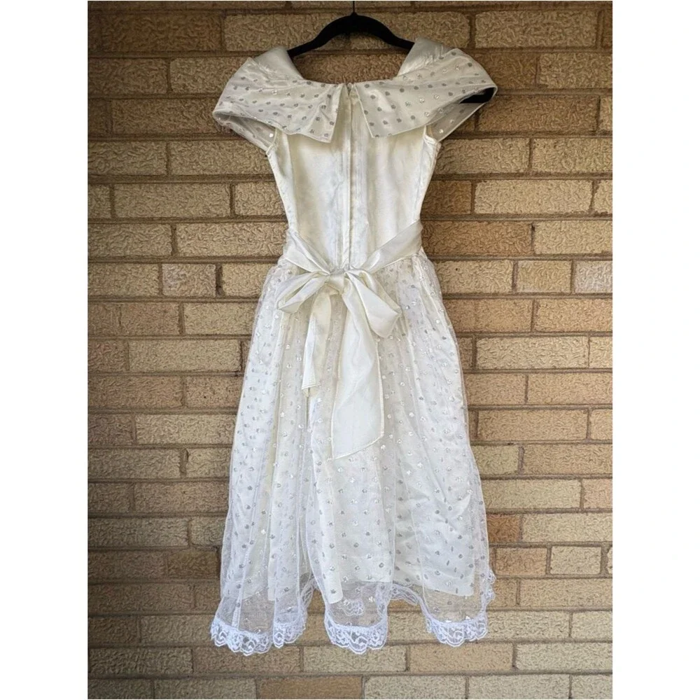 Vintage Amy Too! Byer California Girls' White Silver Satin Lace Dress Size 8